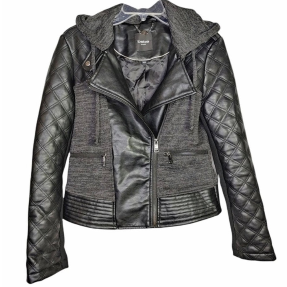 Bebe Knit & Faux Leather Hooded Moto Jacket Size M Black & Gray Quilted Zip Up